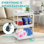 3 Tier Rolling Cart, Metal Utility Cart with 4 Hooks, Rolling Storage Cart on Wheels, Small Organizer Cart for Nursery, Kitchen, Living Room, Bathroom, White