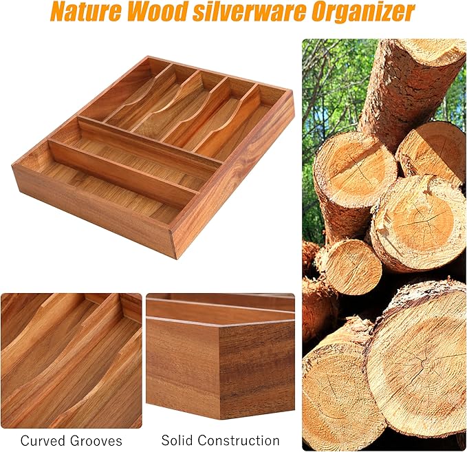 Bellsal Bamboo Silverware Organizer, 12"x15.7" Utensil Holder Cutlery Tray with Grooved Drawer Dividers for Kitchen Flatware, Bedroom, Office (7 Slot, Acacia)