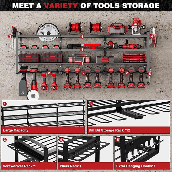 48" Large Power Tools Organizer Wall Mount,12 Drill Holder for Garage, Workshop Heavy Duty Storage Rack