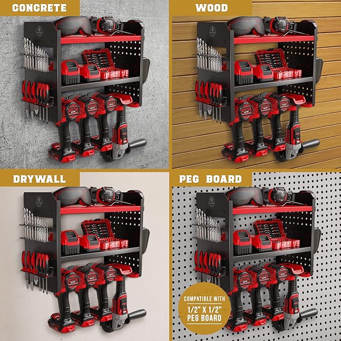 Power Tool Organizer Wall Mount - 3-Tier Heavy-Duty Metal Hand Tool Storage Rack, Utility Racks, Drill Holder, PegBoard Side, & More - Garage Storage Cordless Tool Organizer (Red)