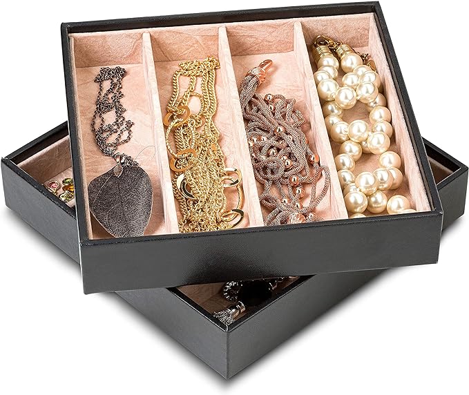 Jewelry Organizer Tray - Set of 2 - Stackable 8 Slots Jewelry Storage Trays - Display on Dresser or Drawer - for Necklace & Bracelet - Compatible with Other Glenor Trays - Black