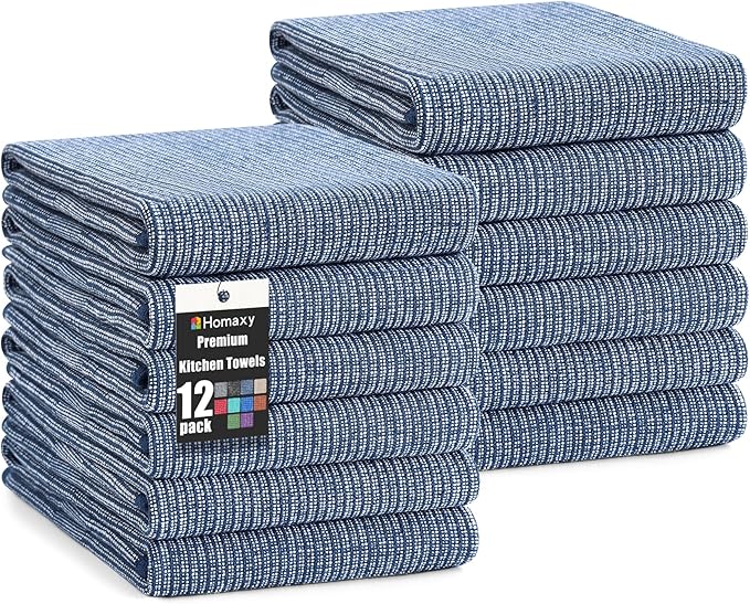 Homaxy Premium Kitchen Towels(18”x 28”, 12 Pack), Large Cotton Kitchen Hand Towels, Flat and Terry Dish Towels, 380 GSM Highly Absorbent Tea Towel Set with Hanging Loop, Navy Blue