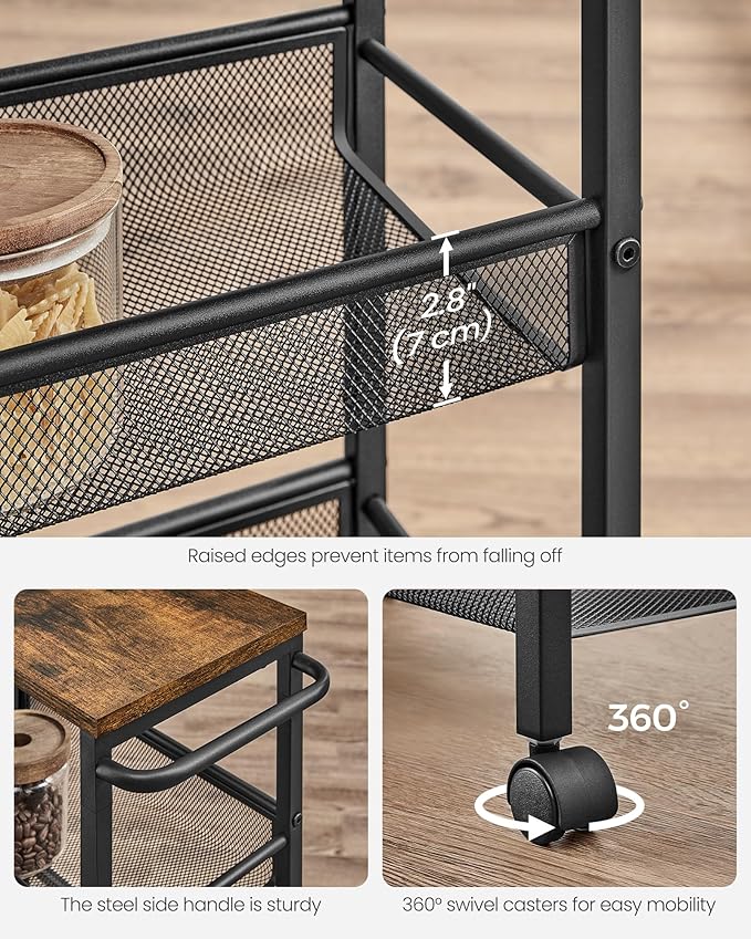 VASAGLE Slim Rolling Cart, 4-Tier Storage Cart, Narrow Cart with Handle, 8.7 Inches Deep, Metal Frame, for Kitchen, Dining Room, Living Room, Home Office, Rustic Brown and Classic Black ULRC033B01