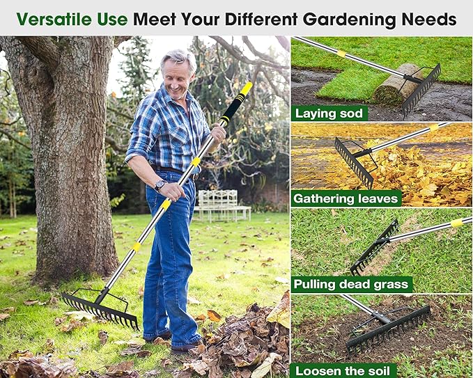 Heavy Duty Garden Rake for Leaves - 17 Tine Metal Head & Adjustable Stainless Steel Handle, 17" Wide 5.58FT Yard Rake for Shrub Leveling/Grass Care