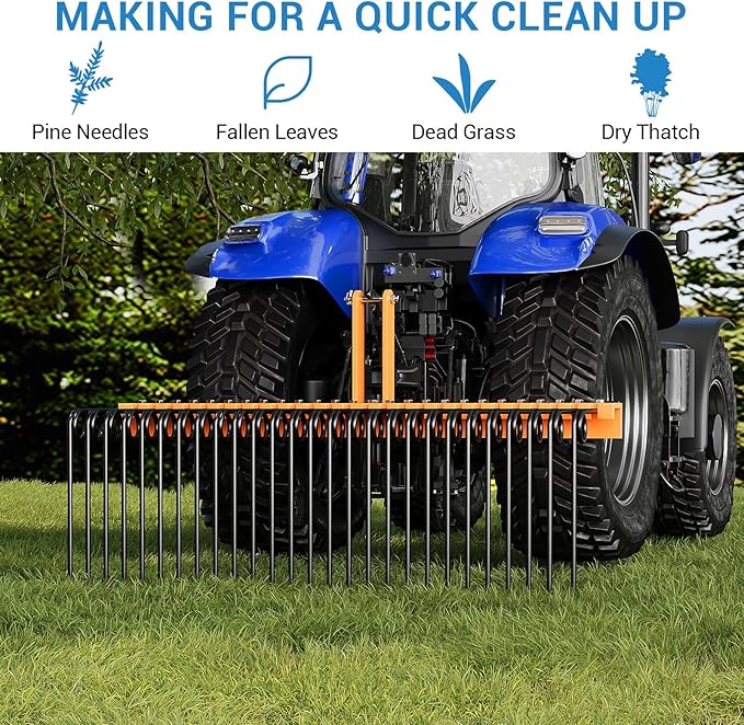 72" 3-Point Tractor Landscape Rake, Pine Straw & Yard Waste Cleaner, Cat 0/1 Hitch Compatible, Powder Coated Steel Blades, Orange