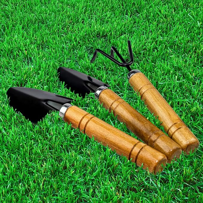 Gardenera Bonsai 3PC Gardening Tool Set: Rake, Spade, Shovel - Wooden Handles - Best Kit for Potted Plant, Flower and Seedling Care - Ergonomic Design for Little Hands - Great Gift for Gardeners