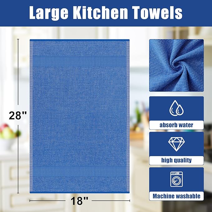 Homaxy Premium Kitchen Towels(18”x 28”, 12 Pack), Large Cotton Kitchen Hand Towels, Flat and Terry Dish Towels, 380 GSM Highly Absorbent Tea Towel Set with Hanging Loop, Blueberry