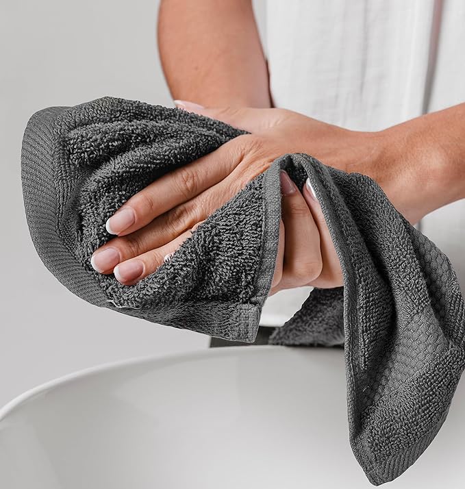 White Classic Luxury Cotton Washcloths 13x13 Inch - 650 GSM Turkish Cotton | Hotel, Spa, Bathroom Face Towel | 12 Pack, Dark Gray