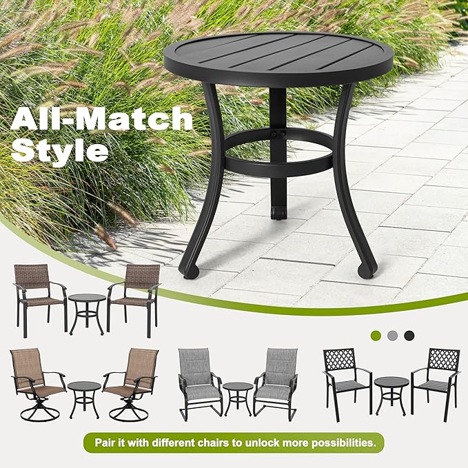 NUU GARDEN 3 Pieces Outdoor Bistro Set, 2 Patio Chairs with 20" Round Patio Table, Textilene Chairs and Iron Side Outdoor Table for Patio, Deck, Garden, Gray and Black