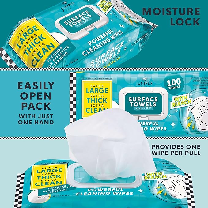 Single Surface Wipes with Bleach, Thick & Large Dispose, All-Purpose Cleaner for Bathroom, Kitchen, Office, 100 Count Soft Flow, Biodegradable, Fresh Scent