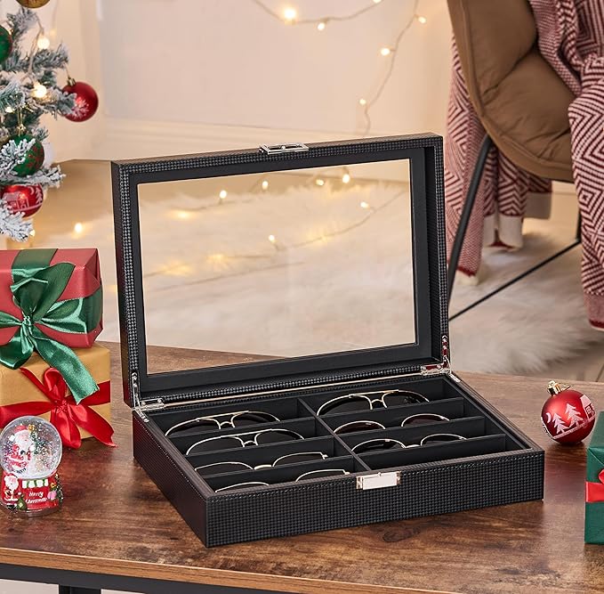 BEWISHOME Sunglasses Organizer, Glasses Organizer, 8-Slot Sunglasses Case for Men, Eyeglasses Storage Box with Clear Glass Top, Smooth PU Leather Interior, Black SSH38C