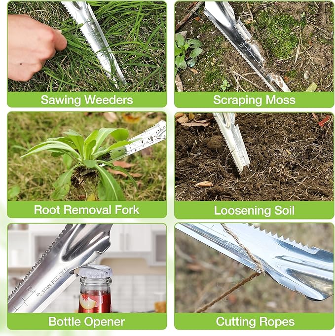 5-in-1 Weed Puller Tool with Wood Handle, Multifunctional 13inch Wooden Trowel Garden Tool, Trowel Garden Tool for Planting Weeding Digging Transplanting Cutting Measuring (1 PCS)