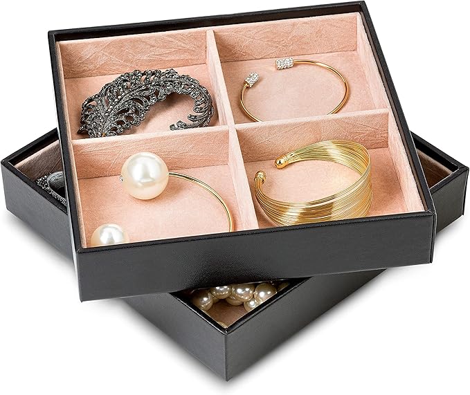 Jewelry Organizer Tray - Set of 2 - Stackable 8 Square Slot Jewelry Storage Trays - Display on Dresser or Drawer - Compatible with other Glenor trays - Black