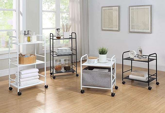 SunnyPoint 2-Tier Metal Rolling Utility Cart – Mobile Storage Shelf with Caster Wheels – Small Space Organizer for Home, Office, Bedroom, Kitchen (BLK)