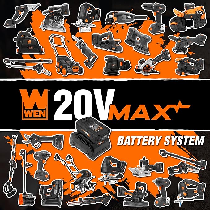 WEN Cordless Planer, Brushless with 3-1/4-Inch Blade, 20V Max 4.0 Ah Lithium-Ion Battery and Charger (20653)