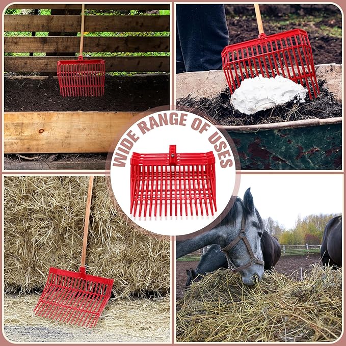 Lasnten 6 Pcs Manure Fork Replacement Head, 18 Tines Pitchfork Head with Screws and Nuts, Horse Manure Rake for Picking up Grass and Hay(Red)