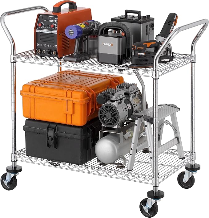 Finnhomy 2-Tier Commercial Grade Rolling Cart, Heavy Duty Utility Cart, Carts with Wheels and Handles, Kitchen Cart on Wheels, Metal Serving Cart with 500 lbs Capacity, Shelf Size 20" D x 36" W, NSF