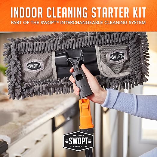 SWOPT Indoor Kit — Includes 18” Dust Mop, Cotton Mop, Angle Broom, 48” and 60” Steel Handles, and Organizer — Cleaning Heads with Long Handle Interchangeable with All SWOPT Cleaning Products