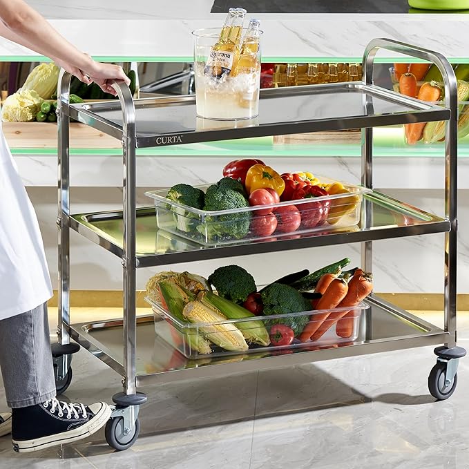 CURTA Stainless Steel Serving Trolley, 38" L x 20" W x 37" H 3 Tiered Shelf Kitchen Utility Cart, Rolling Casters Brake Wheel, Commercial Pro for Restaurant/Hotel/Lab/Clinic/Salon/Workshop