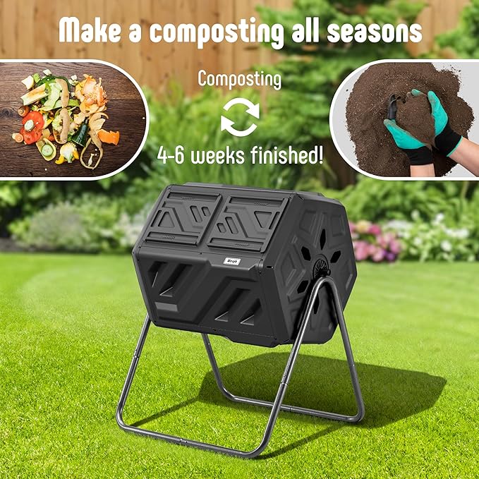 Compost Bin Outdoor Composter, Fast Assembly 43 Gallon Dual Chamber Outdoor Compost Tumbler, Heavy Duty Tumbling Rotating Composter for Patio, Garden,Yard, Black, Easy Setup, Gloves Included