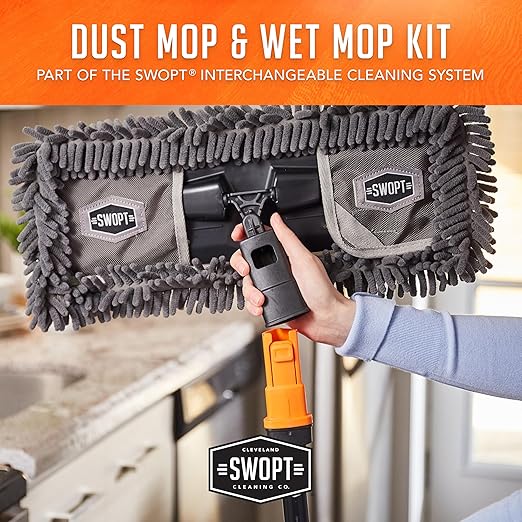 SWOPT 18” Microfiber Dust Mop, Microfiber Flexible Duster, Cotton Mop + 60" Steel Handle, Combo — Cleaning Heads With Long Handle Interchangeable With All SWOPT Cleaning Products — Machine Washable