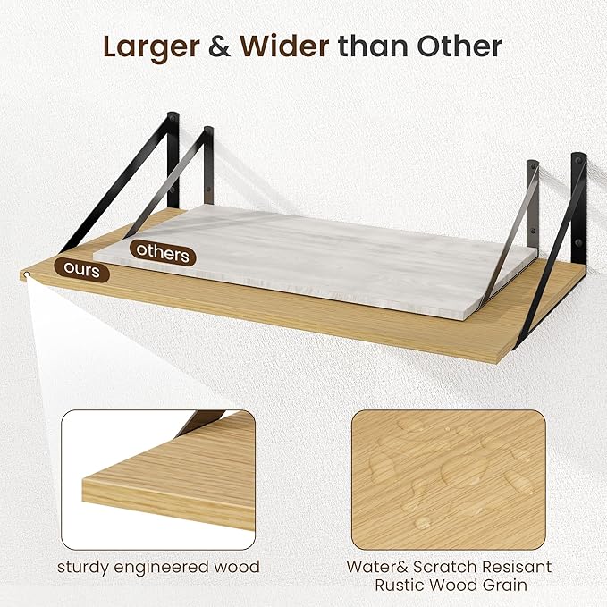 Fun Memories Floating Shelves for Wall, 12 Inch Deep Floating Shelves Set of 2, 55W x 12D Large Wall Shelf with Sturdy Metal Brackets for Living Room, Bathroom, Bedroom and Kitchen, Oak