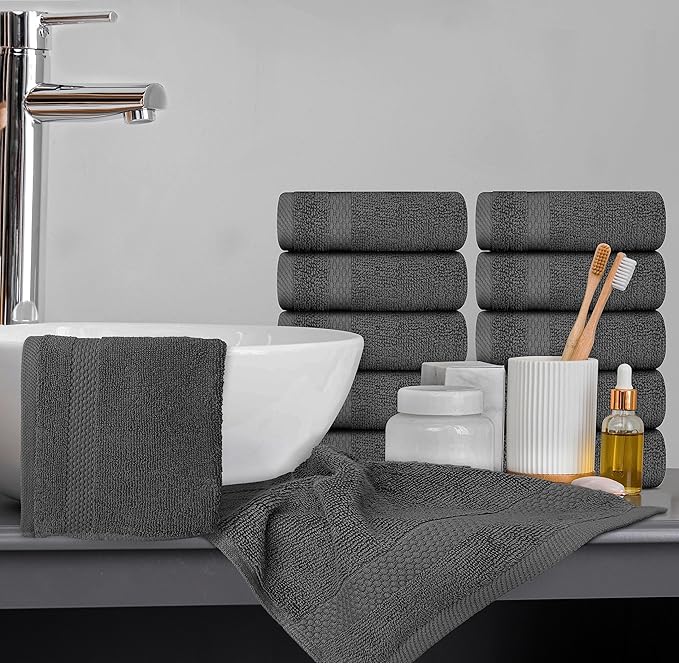 White Classic Luxury Cotton Washcloths 13x13 Inch - 650 GSM Turkish Cotton | Hotel, Spa, Bathroom Face Towel | 12 Pack, Dark Gray