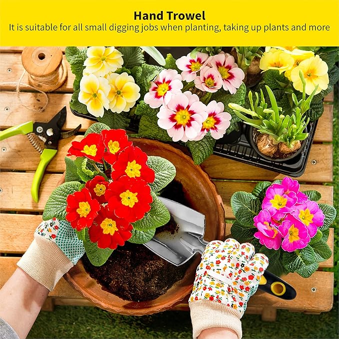 ⭐️ Gardenera 3PC Garden Tool Set with Soft Rubberized Non-Slip Handles - Hand Trowel, Transplant Trowel, Hand Rake in Polished Aluminum - Ideal for All Gardening Needs and The for Gardeners 🎁