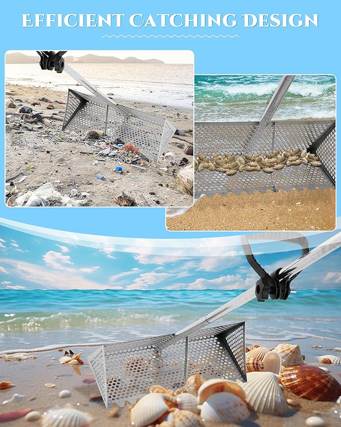 Sand Flea Rake 16" Wide - Detachable 54" Handle with Shark Tooth Screen - Steel Beach Rake for Fishing Bait, Shelling, Yard Cleaning - Saltwater Rust Proof & Portable