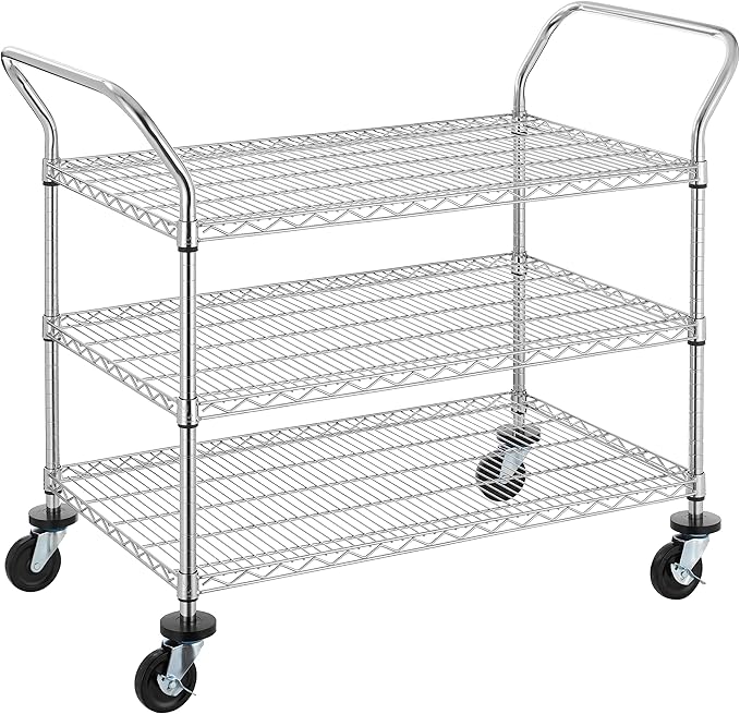 Finnhomy 3-Tier Commercial Grade Rolling Cart, Heavy Duty Utility Cart with Wheels and Handles, Metal Kitchen Carts on Wheels with 600 lbs Capacity, Shelf Size 24" D x 40" W, NSF