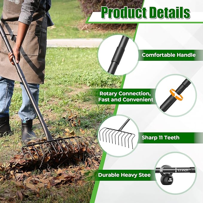 Garden Thatch Rake, 82" Heavy Duty Lawn Leveling Rake with 11 Stainless Steel Tines, Adjustable Long Handle Garden Tool for Loosening Soil, Cleaning The Leaves, Removing Thatch, Laying Sod