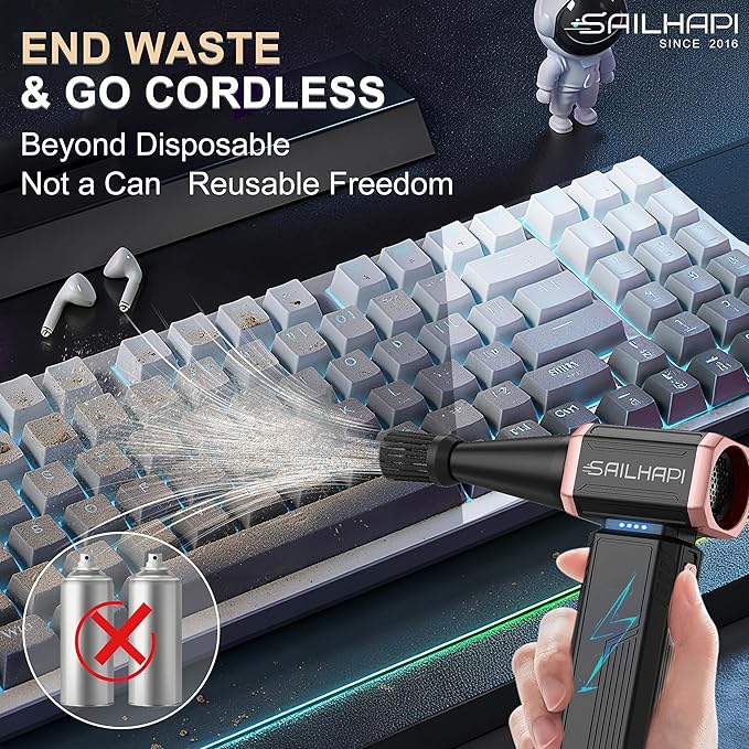 Electric Air Duster, 300000RPM High-Speed Cordless Blower for Barber with Variable Speed & Brushless Motor, Portable Mini Blower for Keyboard, PC, Computer, Replaces Canned Air, Gifts for Men