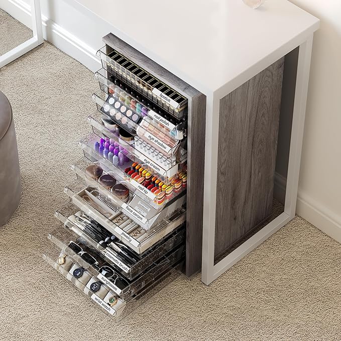 WOPITUES Plastic Storage Drawer Cart, Makeup Organizer and Storage with 10 Large Clear Drawers, Utility Wooden Rolling Cart on Wheels, for Cosmetic, Art Craft, Parts, Office Supplies, Toy, Grey