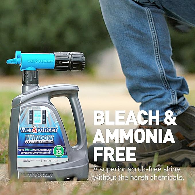 Wet & Forget Window & Screen Cleaner – Outdoor Window Cleaner Spray & Hose Attachment; No Scrubbing, Superior Scrub-Free Shine for Windows & Screens; 48oz (Pack of 2)