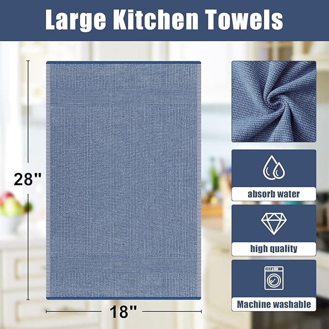 Homaxy Premium Kitchen Towels(18”x 28”, 8 Pack), Large Cotton Kitchen Hand Towels, Flat and Terry Dish Towels, 380 GSM Highly Absorbent Tea Towel Set with Hanging Loop, Navy Blue