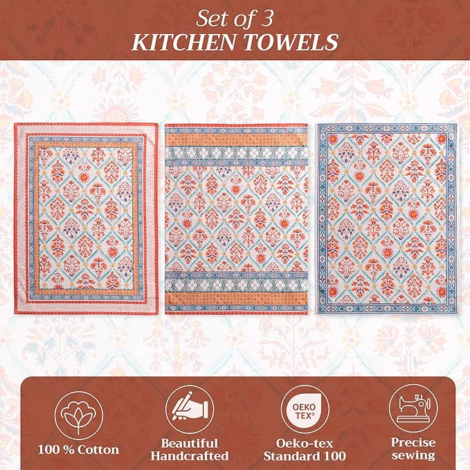 Maison d' Hermine Kitchen Towels Set of 3 100% Cotton 27.50" x 20" Reusable Cloth Tea Dish Towels Absorbent with Hanging Loop for Kitchen, Home, Dining, Cocktail Parties (Romane)