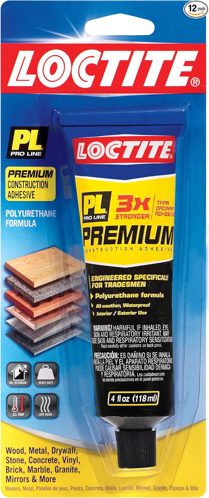 Loctite PL Premium Polyurethane Construction Adhesive, 4 Ounce Squeeze Tube, 12-Pack (1873776-12)