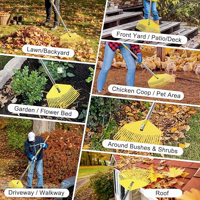 Lightweight Leaf Rake for Lawn & Garden - Durable Nylon Plastic Head, Easy Yard Cleanup for Women, Seniors & Kids, 16.5" Wide Rake for Leaves, Grass & Pine Needles, Adjustable Handle 35–50"