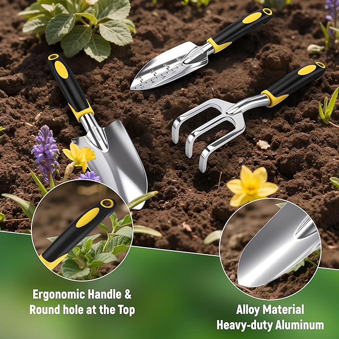 Garden Tool Set, 3 Pack Staines Steel Heavy Gardening Kit Including Hand Shovel, Transplant Shovel and Hand Rake for Planting, Digging, Weeding