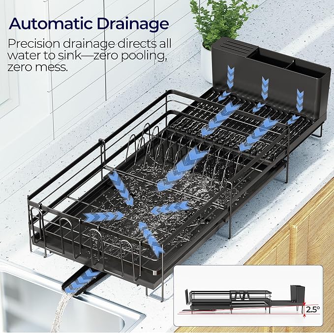 Large Dish Drying Rack, Expandable Dish Rack for Kitchen Counter, Upgraded Dish Drainer with Drainboard Set, Multifunctional Dishrack with Utensil Holder & Cup Holder, 13.4"-28.7" L x 11.8" W