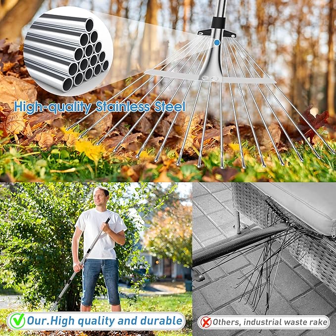 Garden Rake for Leaves, Heavy Duty Metal Adjustable Leaf Rake for Lawns, Length 37"-81", Adjustable Expandable Head 8"-15", Garden Tools for Lawn Garden Yard Flowers Beds Bush