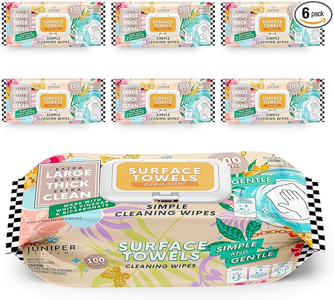 6 Packs Surface Cleaning Wipes Bleach Free, Thick & Large Dispose, All-Purpose Cleaner for Bathroom, Kitchen, Office, 600 Count Soft Flow, Biodegradable, Citrus Scent