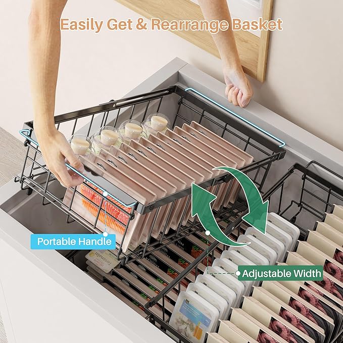 UMDONX Freezer Organizer Bins – Expandable from 11.2" to 17.7", Fit 5–10 Cu.Ft Chest Freezer, Hanging Storage Baskets for Deep Freezer, Easy Slide Access, 1 Pack (Black)