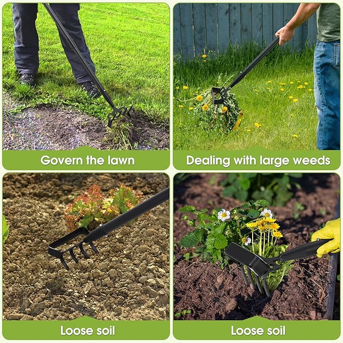 Weed Puller Gardening Tools, Hula Garden Hoe and 4 Tines Rake 2-in-1 Garden Tools for Weeding, Action Stirrup Hoe with 37"-62" Adjustable Long Handle for Lawn,Vegetable Garden Loose Soil and Weeding