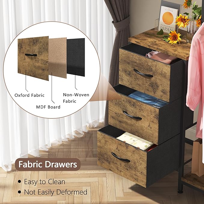 Dresser for Bedroom with Hanging Rack, 3 Drawers Dresser for Bedroom - Rustic Brown