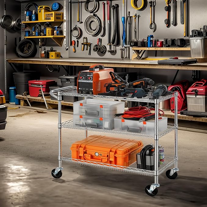 Finnhomy 3 Tier Heavy Duty Commercial Grade Utility Cart, Wire Rolling Cart with Pushing Handle Bar, Steel Metal Kitchen Service Trolly with Wheels, Shelf Size 18" D x 36" W, NSF, Chrome