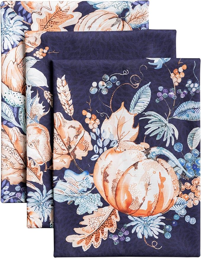 Maison d' Hermine Kitchen Towels Set of 3 100% Cotton 27.50" x 20" Reusable Cloth Tea Dish Towels Absorbent with Hanging Loop for Kitchen, Home, Dining, Cocktail Parties (Pumpkin Blues)