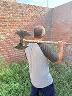 Hand Forged Double Headed Carbon Steel Axe – Bearded Battle Axe with Ash Wood Handle and Leather Sheath – Handmade Functional Gift for Him (DHA)