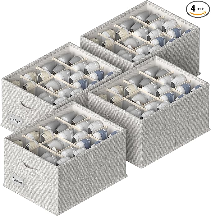 FHSQX 4 Pack Shoe Organizer for Closet,Foldable Shoe Organizer,Fits up to 48 Pairs,Storage Containers With Bottom Support for Shoes (Light Grey, (16.5 * 12.6 * 9.5) x4)