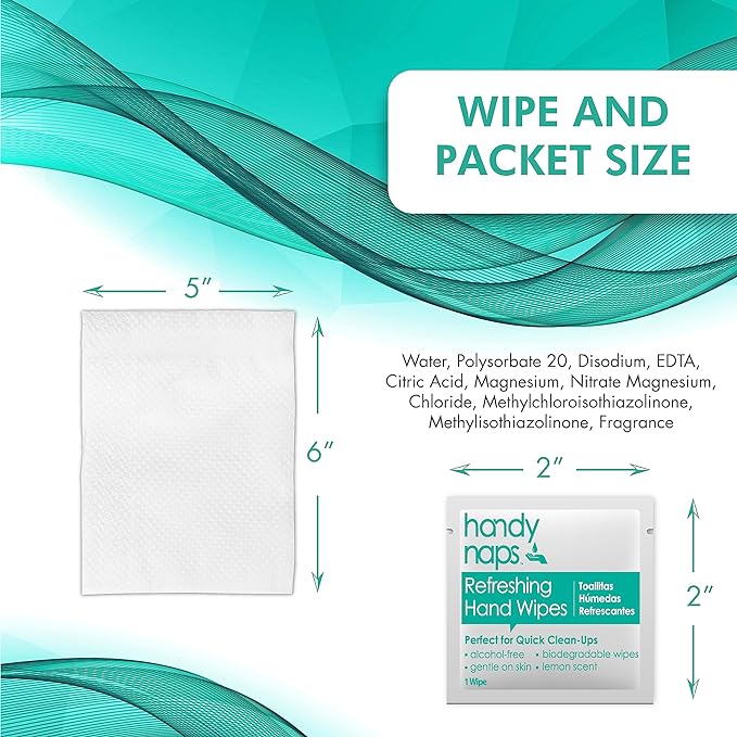 Handynaps Alcohol-Free Hand Wipes With Fresh Lemon Scent, Gentle On The Skin - Box of 100 Individually Wrapped Wipes For Adults and Kids, Travel Essentials